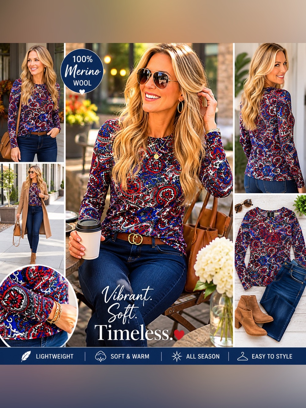 Talbots Merino Wool Paisley Long-Sleeve Top - Red & Blue